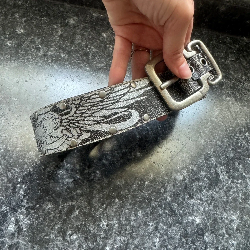 Genuine Leather Black Cracked Silver Eagle Wing Studded Belt 36